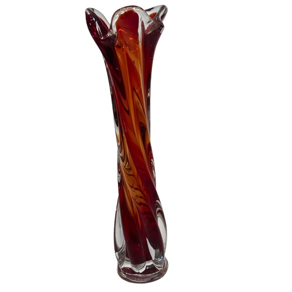 ardco Other - Vintage MCM Ardco Persimmon Red Swung Twist Glass Vase Japan Bubbles 9.5”